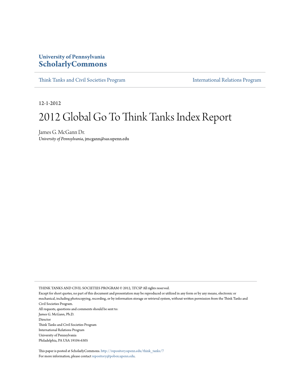 2012 Global Go to Think Tanks Index Report