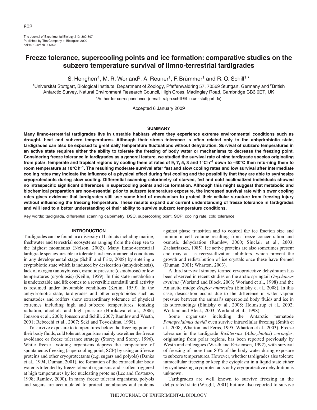 Freeze Tolerance, Supercooling Points and Ice Formation: Comparative Studies on the Subzero Temperature Survival of Limno-Terrestrial Tardigrades