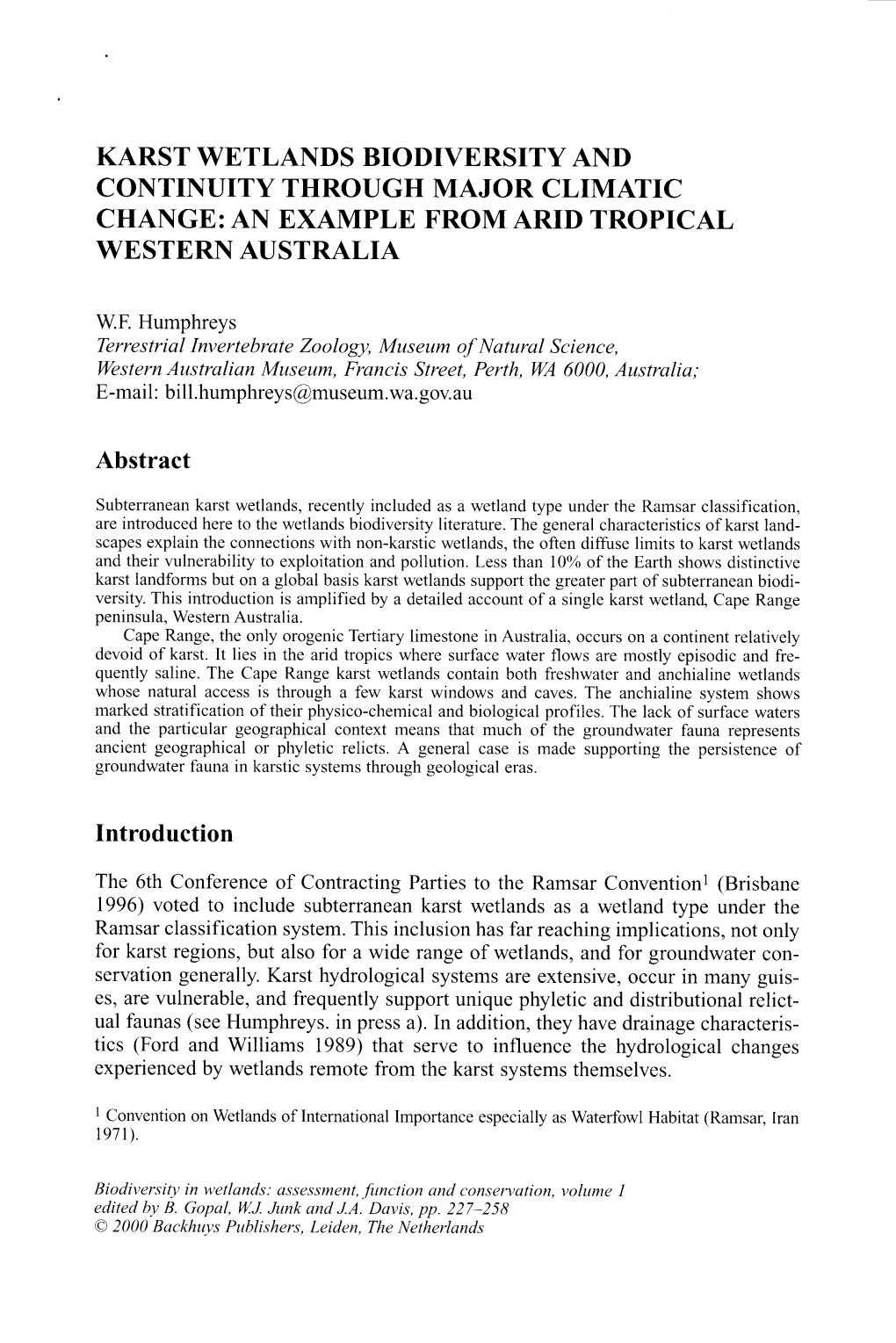 Karst Wetlands Biodiversity Ani) Continuity Through Major Climatic Change: an Example from Arid Tropical Western Australia