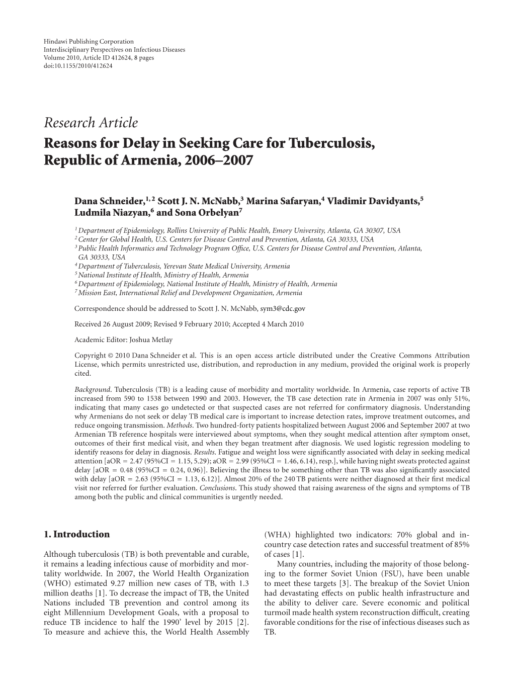 Reasons for Delay in Seeking Care for Tuberculosis, Republic of Armenia, 2006–2007