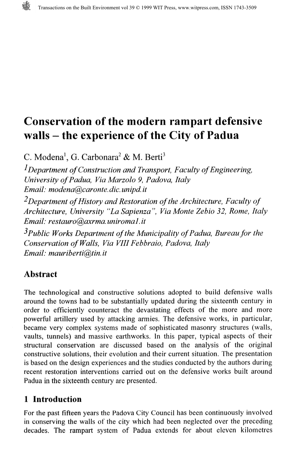 Conservation of the Modern Rampart Defensive Walls - the Experience of the City of Padua