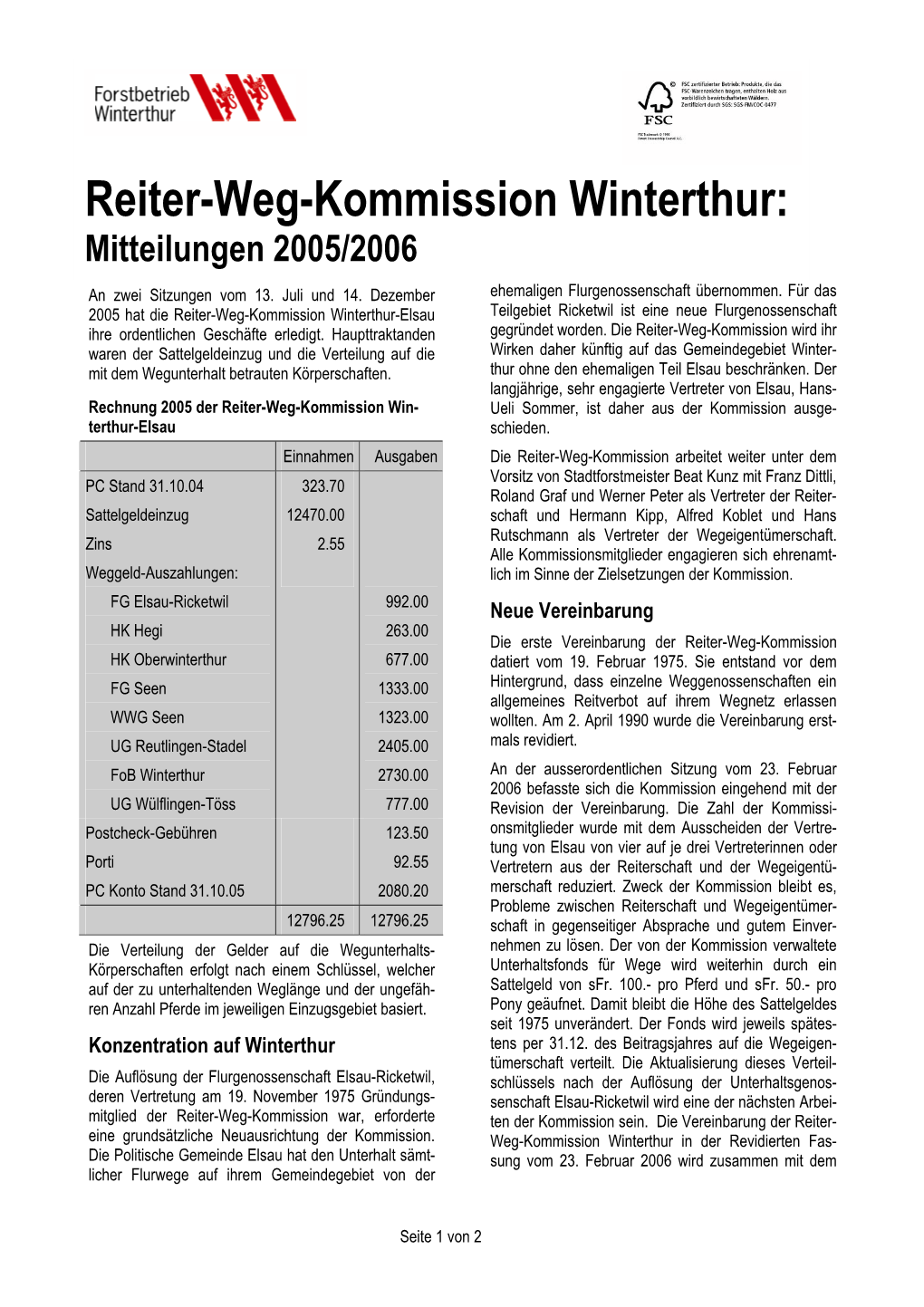 Reiter-Weg-Kommission Winterthur: Mitteilungen 2005/2006