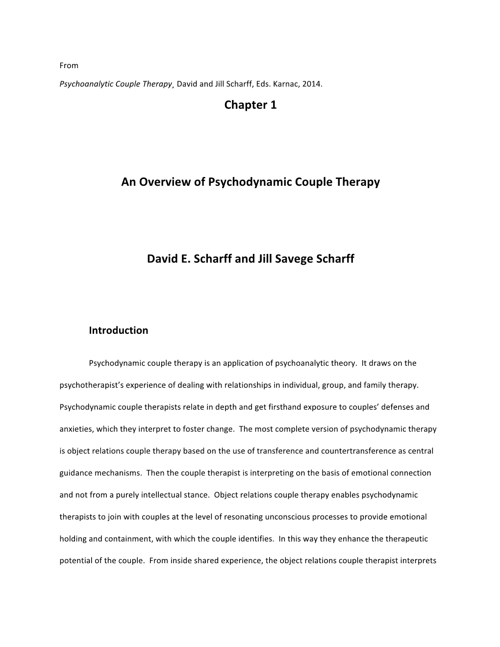 Chapter 1 an Overview of Psychodynamic Couple Therapy