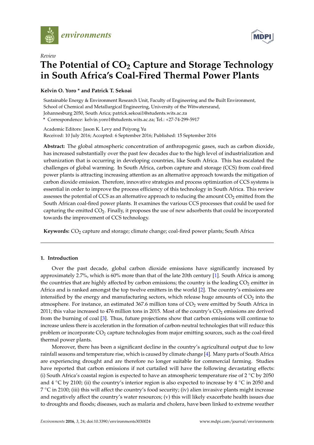 The Potential of CO2 Capture and Storage Technology in South Africa’S Coal-Fired Thermal Power Plants