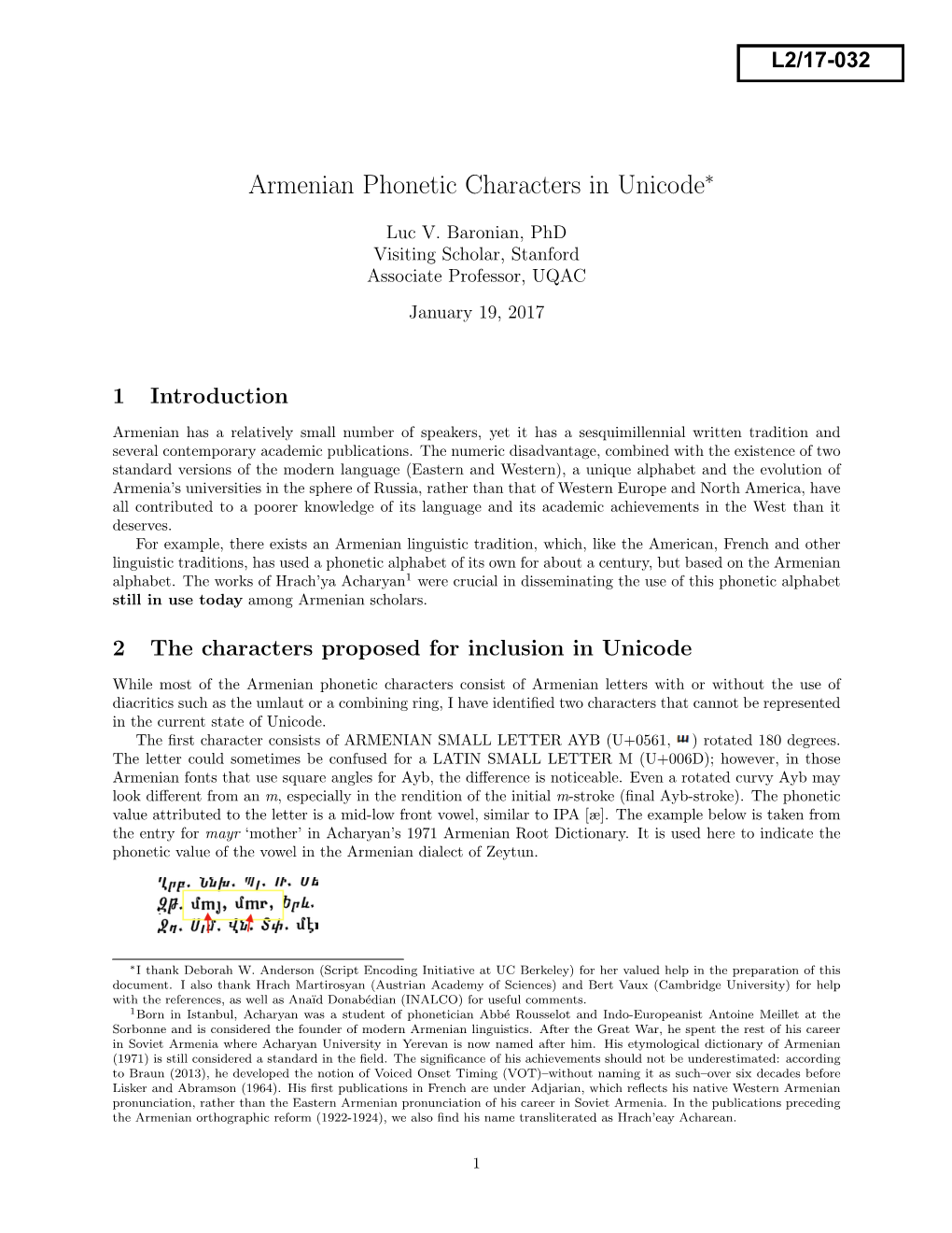 Armenian Phonetic Characters in Unicode∗