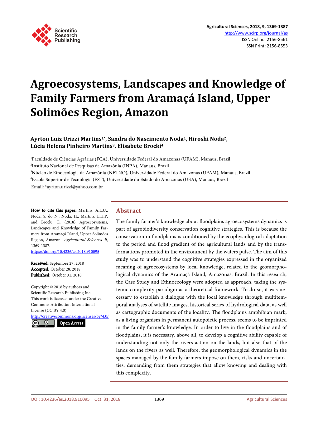 Agroecosystems, Landscapes and Knowledge of Family Farmers from Aramaçá Island, Upper Solimões Region, Amazon