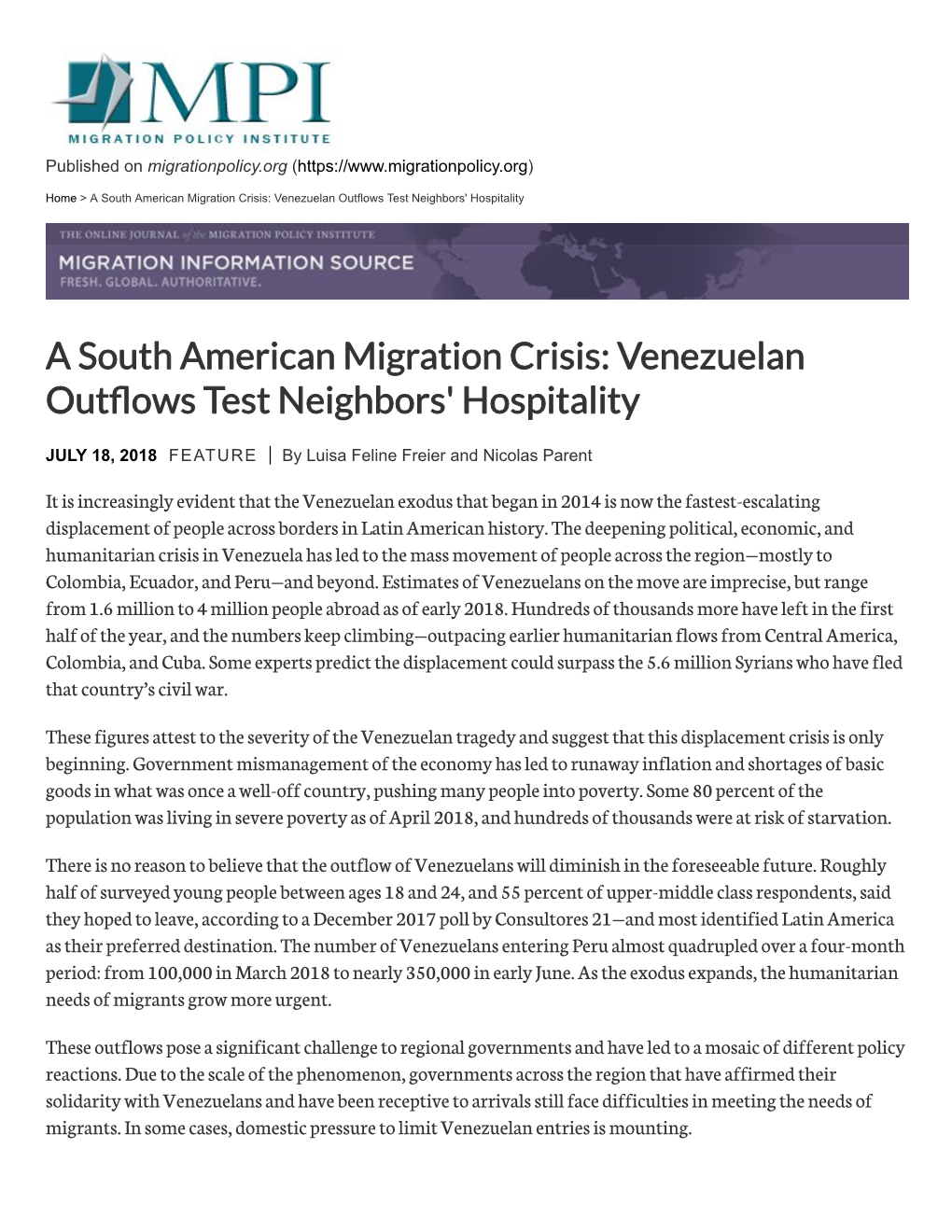 A South American Migration Crisis: Venezuelan out Ows Test