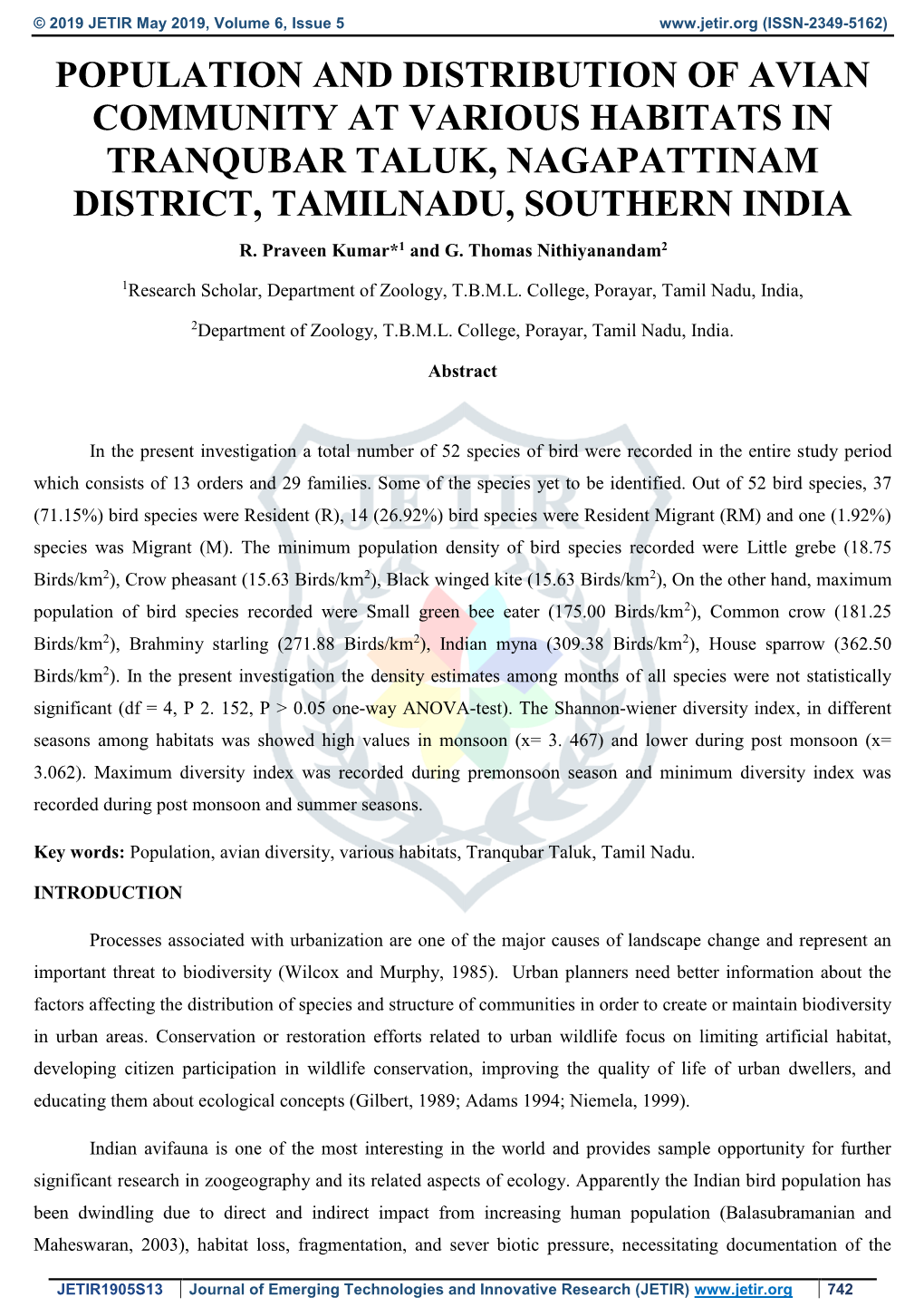 Population and Distribution of Avian Community at Various Habitats in Tranqubar Taluk, Nagapattinam District, Tamilnadu, Southern India R
