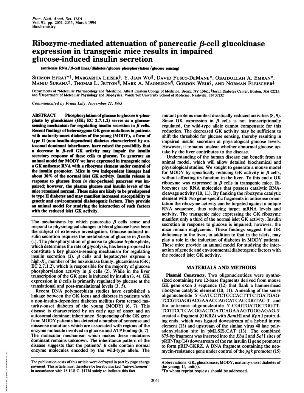 Expression in Transgenic Mice Results in Impaired Glucose-Induced Insulin