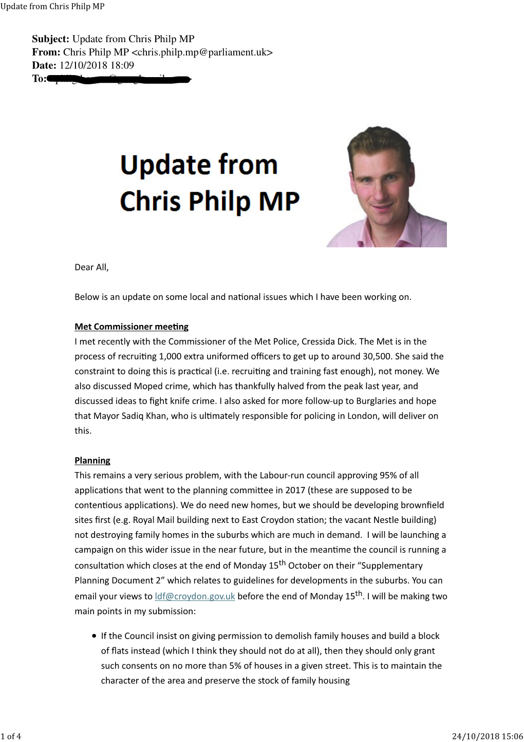 Update from Chris Philp MP