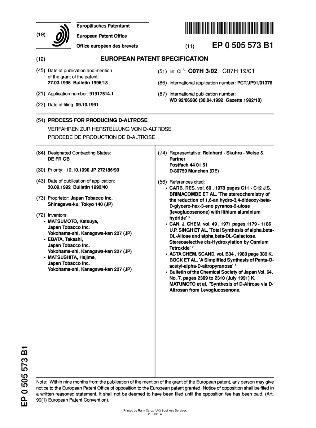 Process for Producing D-Altrose Verfahren Zur Herstellung Von D-Altrose Procede De Production De D-Altrose