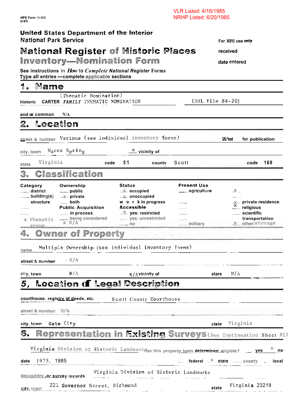 Nomination Form CARTER FAMILY THEMATIC NOMINATION, Scott County, Virginia Continuation Sheet {Fol Item Number 6 , 7 Page 1, 1