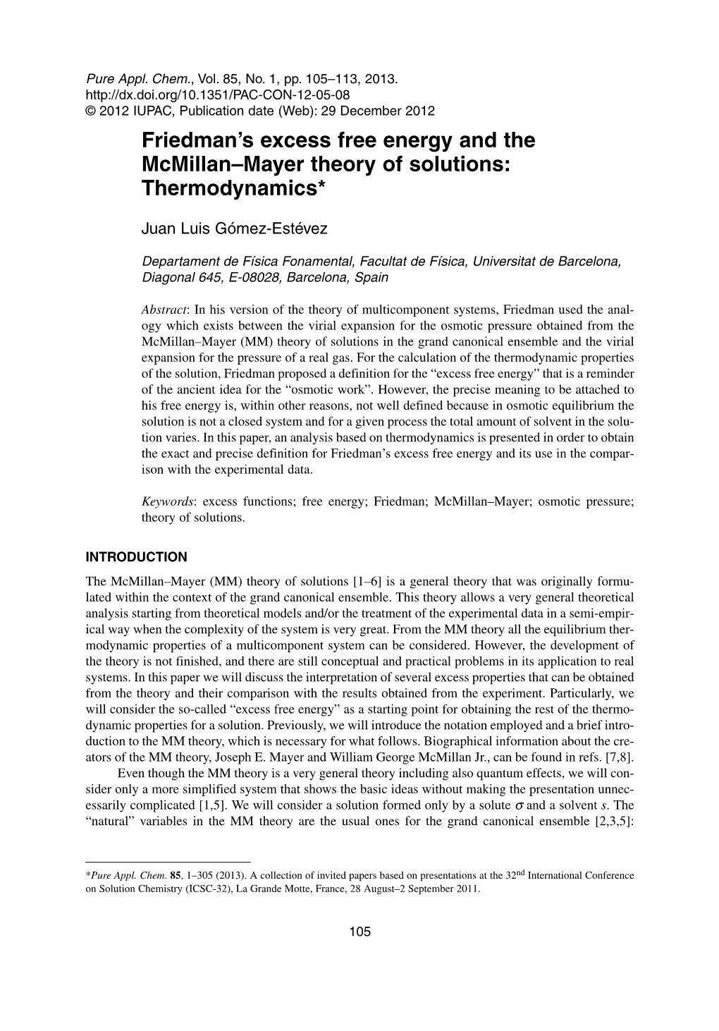 Friedman's Excess Free Energy and the Mcmillan–Mayer Theory Of