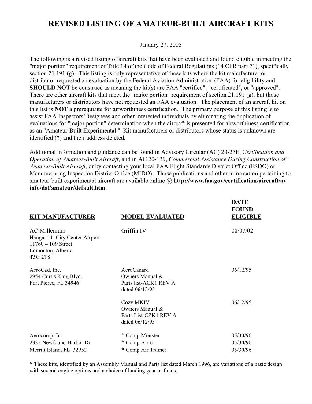 Revised Listing of Amateur-Built Aircraft Kits