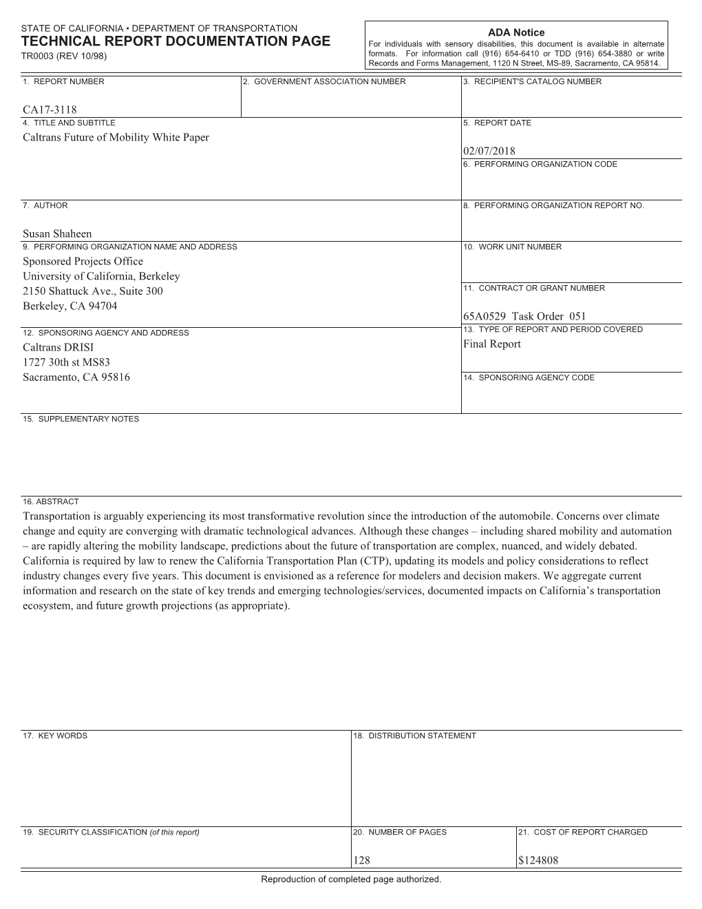 TECHNICAL REPORT DOCUMENTATION PAGE for Individuals with Sensory Disabilities, This Document Is Available in Alternate TR0003 (REV 10/98) Formats