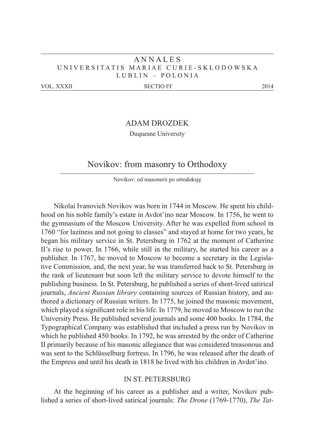Novikov: from Masonry to Orthodoxy