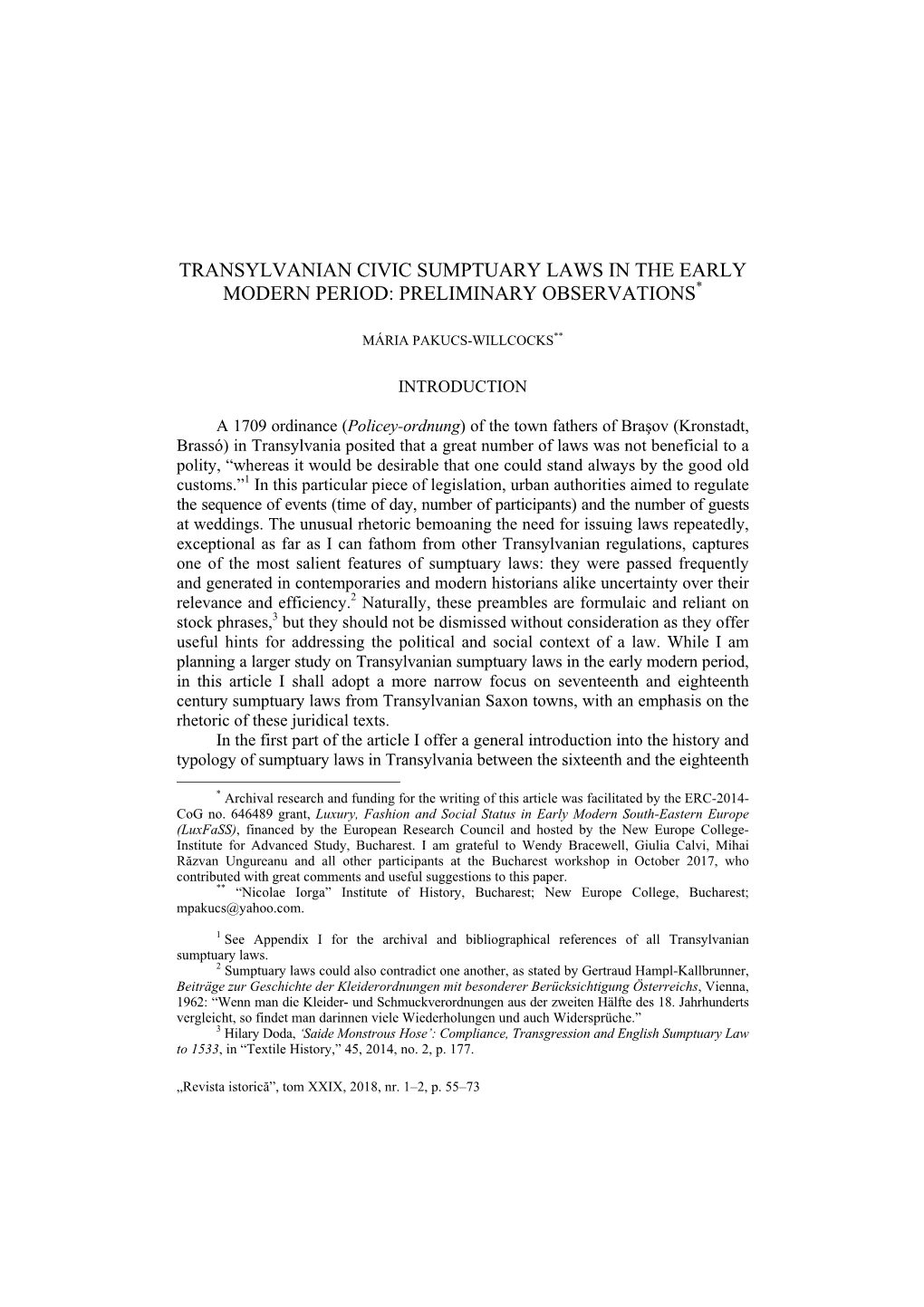 Transylvanian Civic Sumptuary Laws in the Early Modern Period: Preliminary Observations*