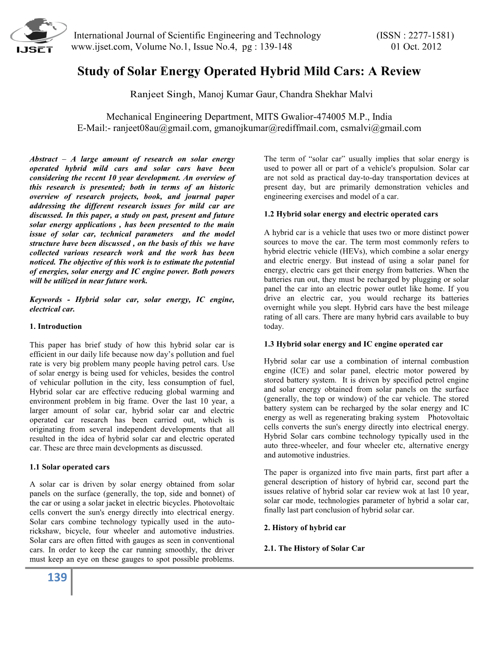 139 Study of Solar Energy Operated Hybrid Mild Cars: a Review