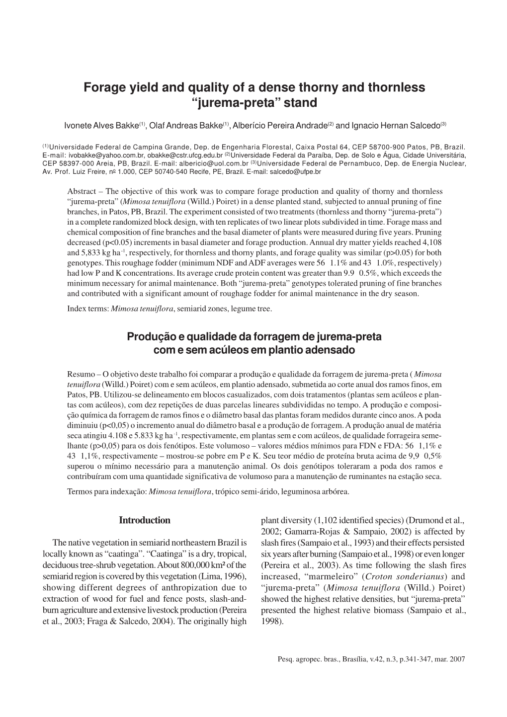 Forage Yield and Quality of a Dense Thorny and Thornless “Jurema-Preta” Stand