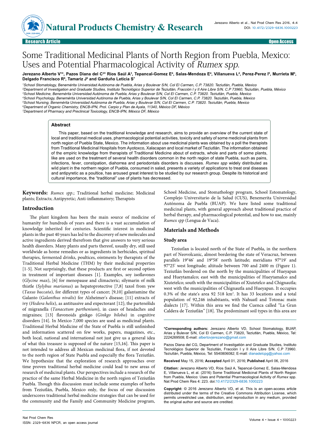 Some Traditional Medicinal Plants of North Region from Puebla, Mexico: Uses and Potential Pharmacological Activity of Rumex Spp