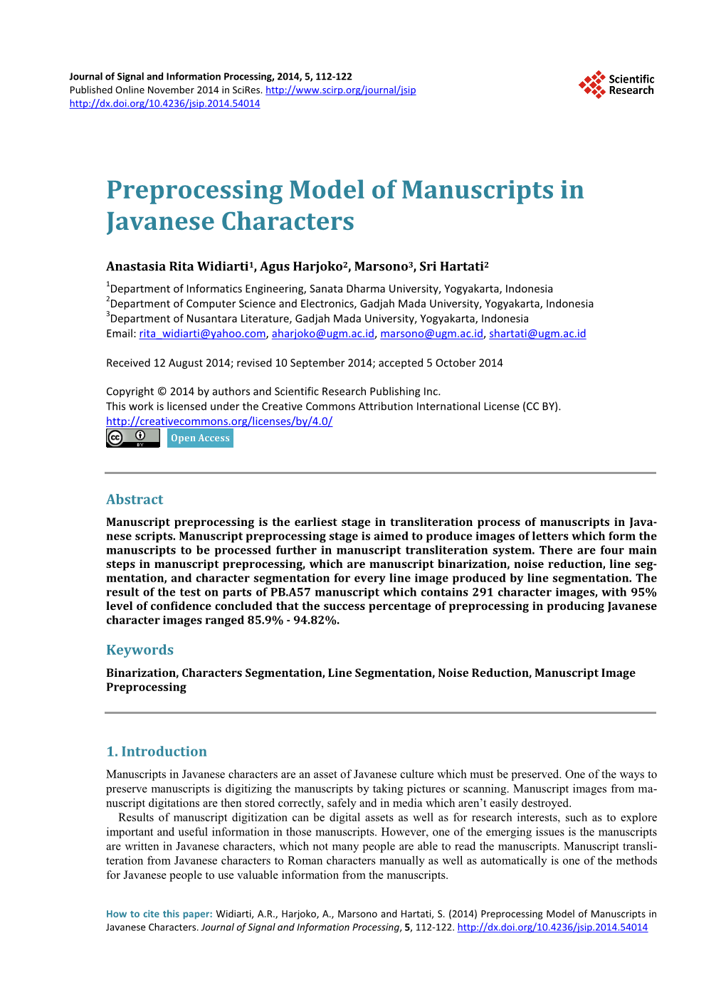 Preprocessing Model of Manuscripts in Javanese Characters