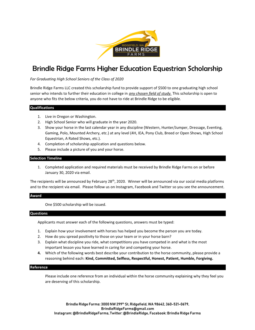 Brindle Ridge Farms Higher Education Equestrian Scholarship