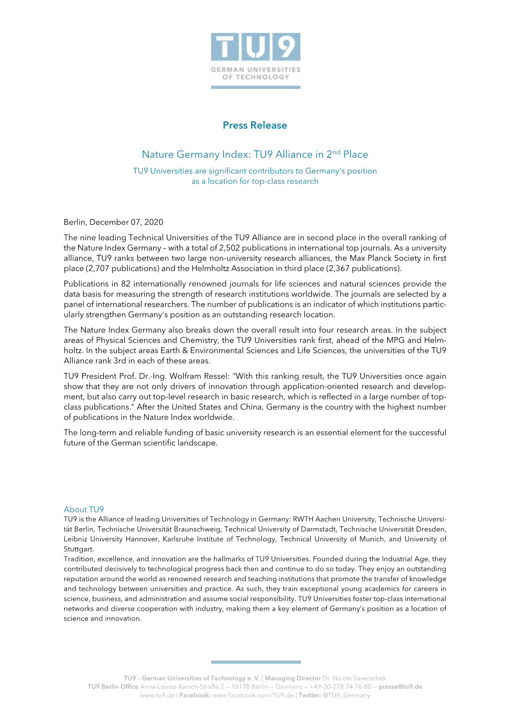 Press Release Nature Germany Index: TU9 Alliance in 2Nd Place