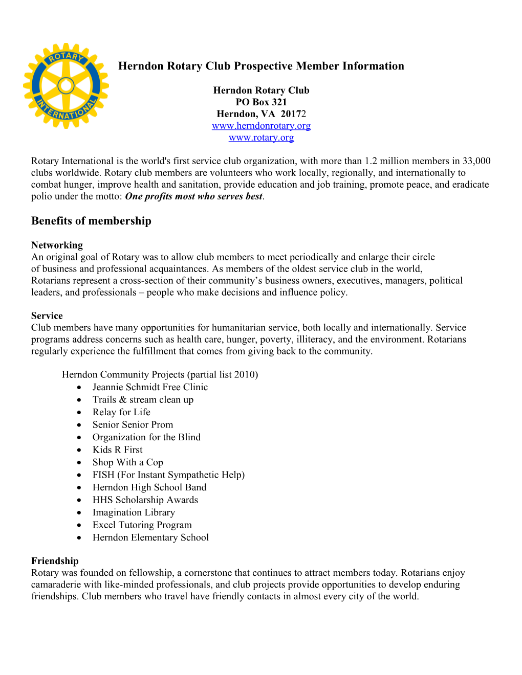 Herndon Rotary Club Prospective Member Information