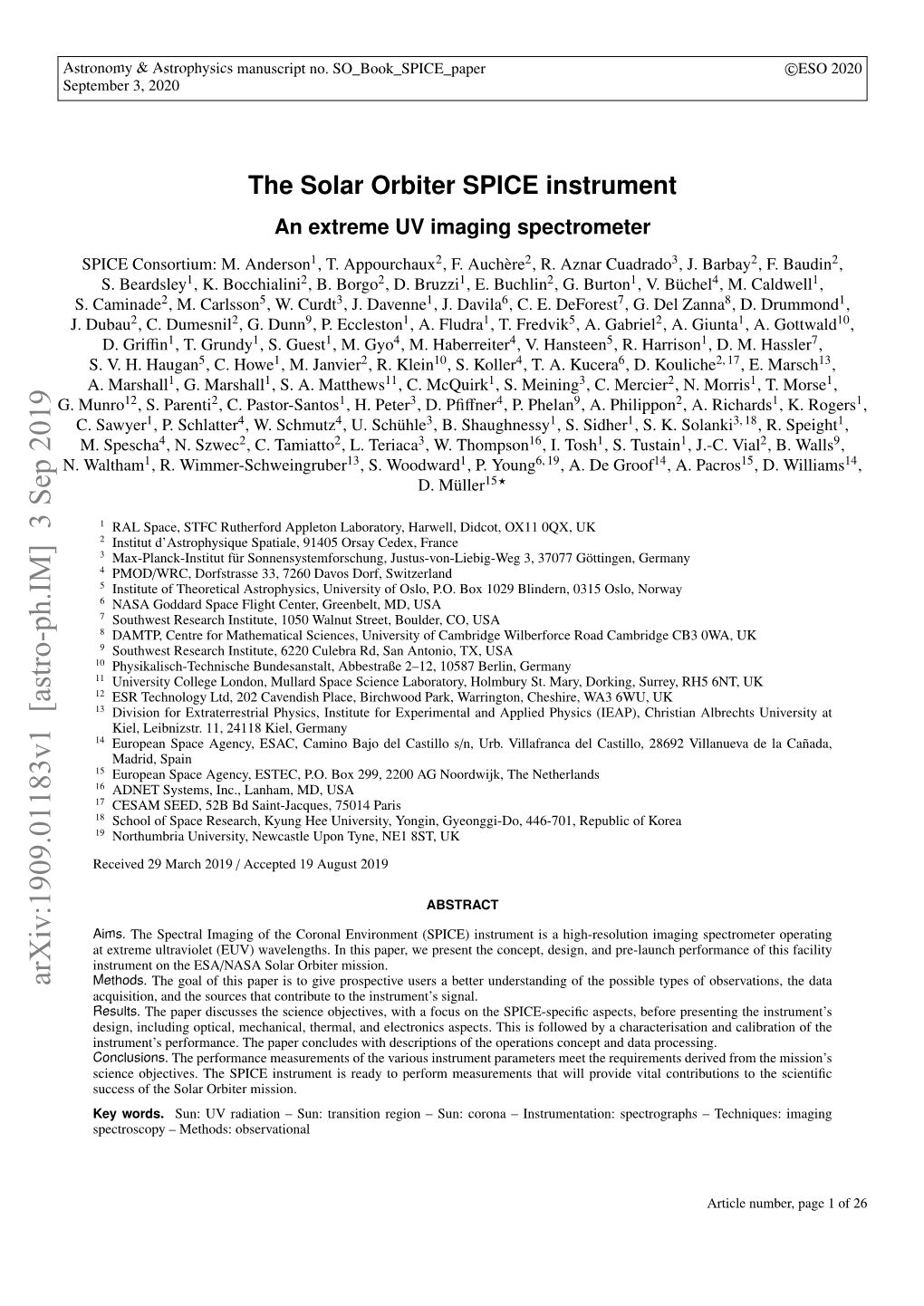 The Solar Orbiter SPICE Instrument an Extreme UV Imaging Spectrometer