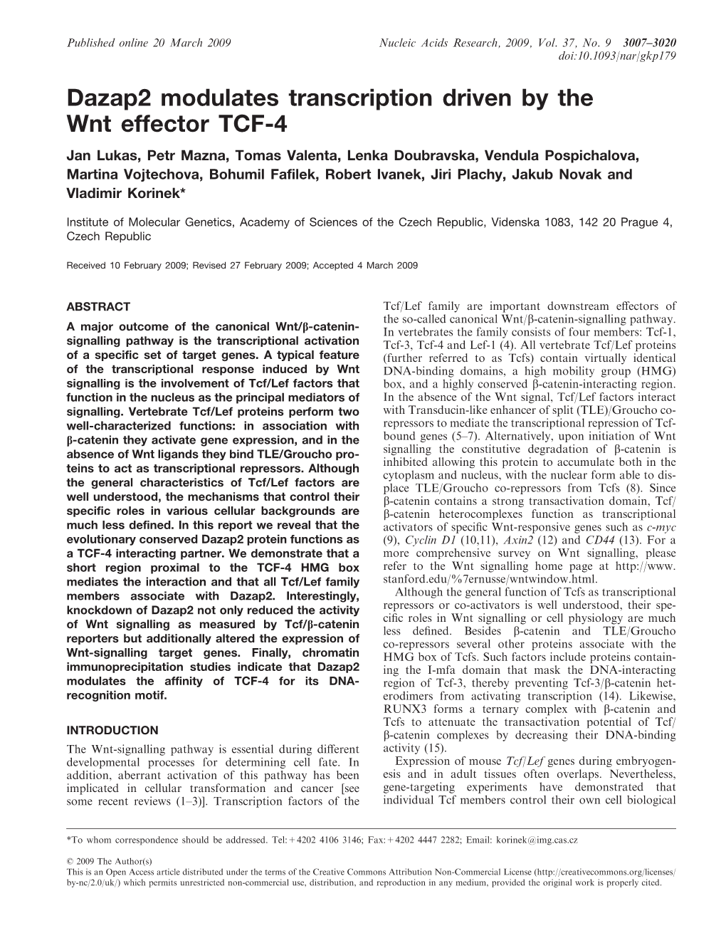 Dazap2 Modulates Transcription Driven by the Wnt Effector TCF-4