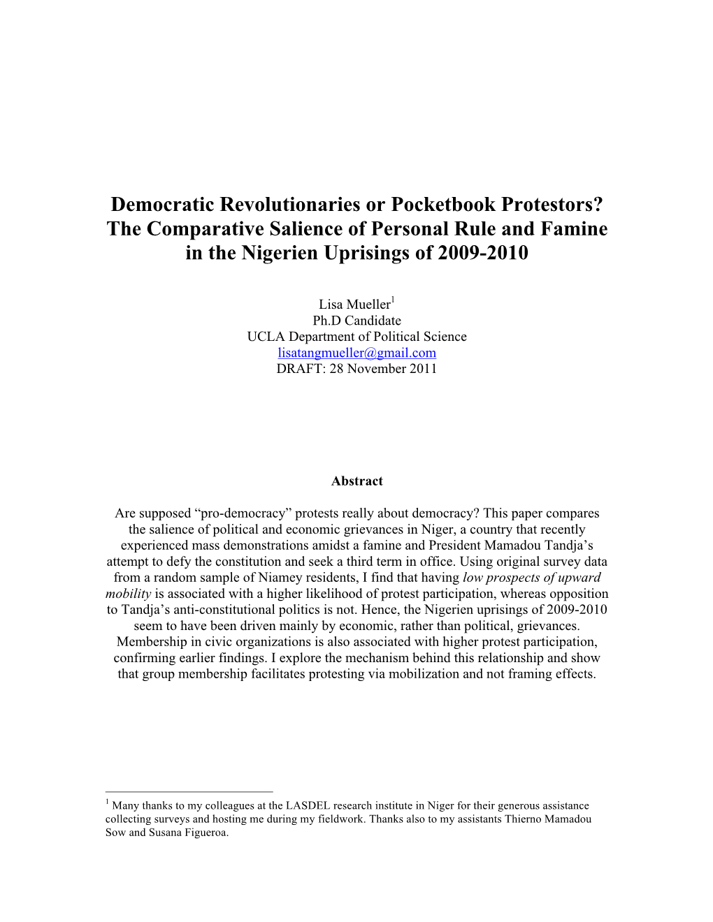 Democratic Revolutionaries Or Pocketbook Protestors? the Comparative Salience of Personal Rule and Famine in the Nigerien Uprisings of 2009-2010