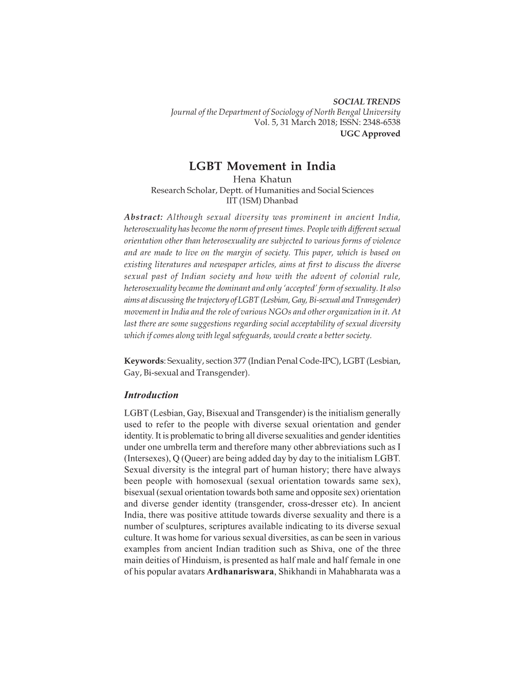 LGBT Movement in India Hena Khatun Research Scholar, Deptt
