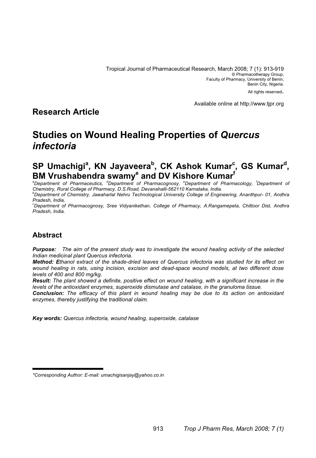 Studies on Wound Healing Properties of Quercus Infectoria