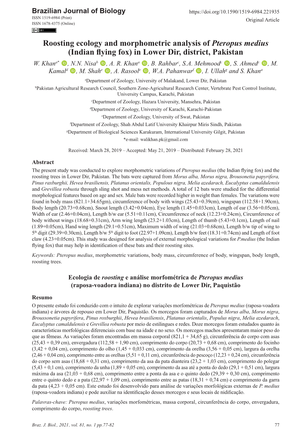 Roosting Ecology and Morphometric Analysis of Pteropus Medius (Indian Flying Fox) in Lower Dir, District, Pakistan W