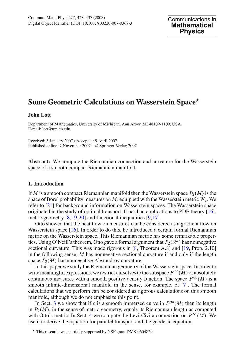 Some Geometric Calculations on Wasserstein Space