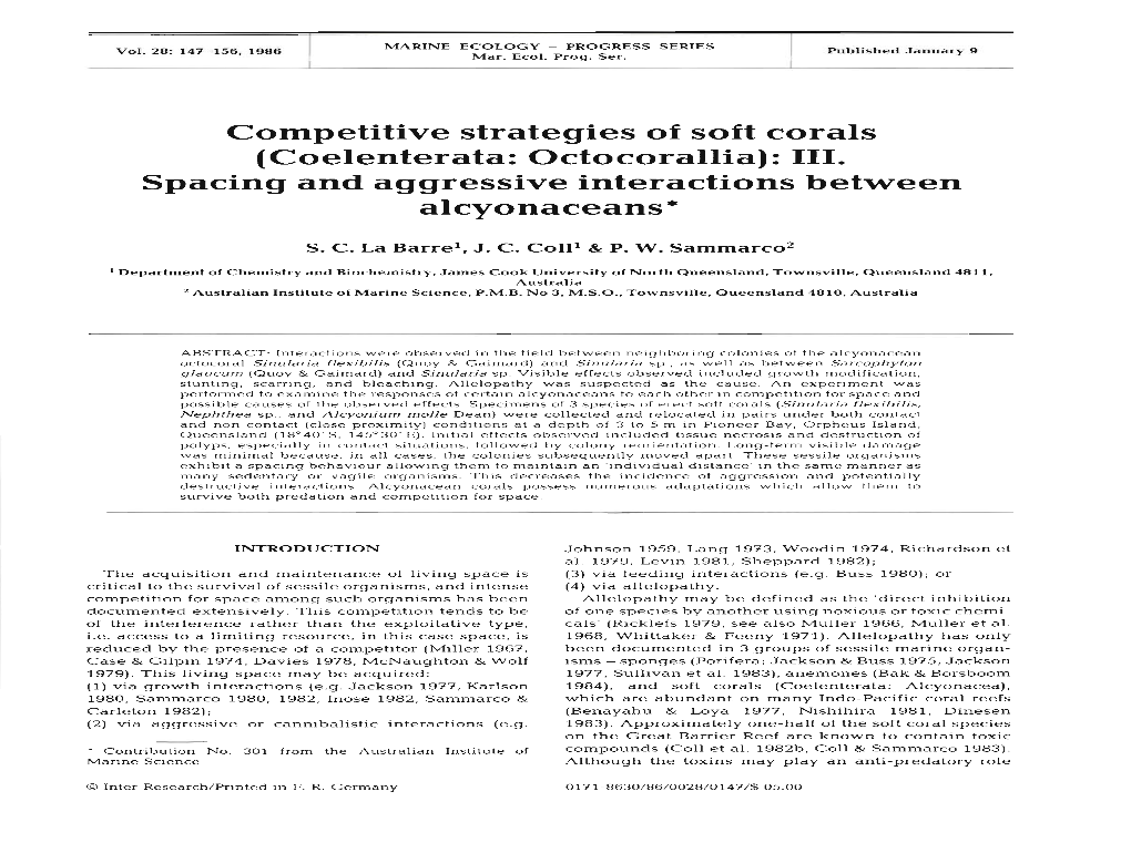 Competitive Strategies of Soft Corals (Coelenterata: Octocorallia): 111