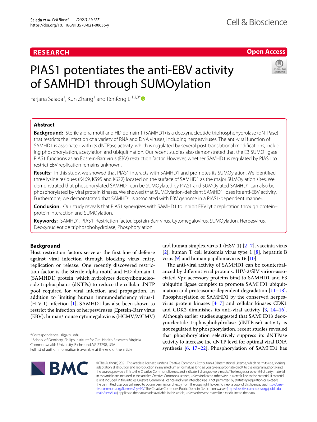 PIAS1 Potentiates the Anti-EBV Activity of SAMHD1 Through Sumoylation