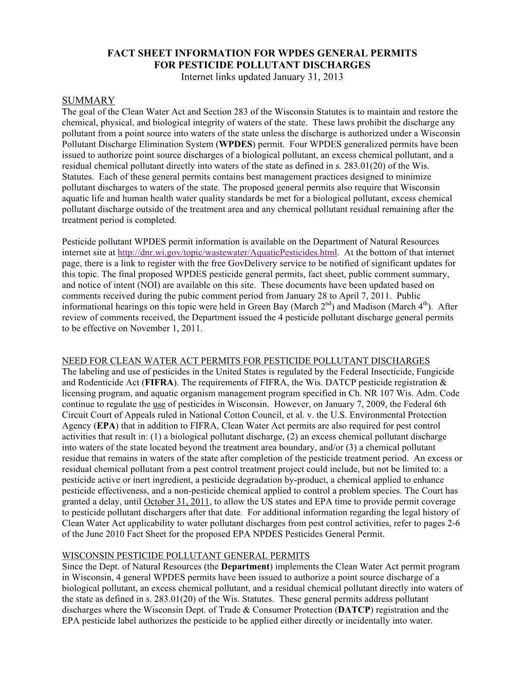 Pesticide Pollutant Discharges WPDES General Permits Fact Sheet