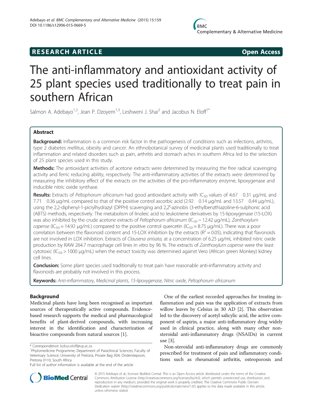 The Anti-Inflammatory and Antioxidant Activity of 25 Plant Species Used Traditionally to Treat Pain in Southern African Salmon A