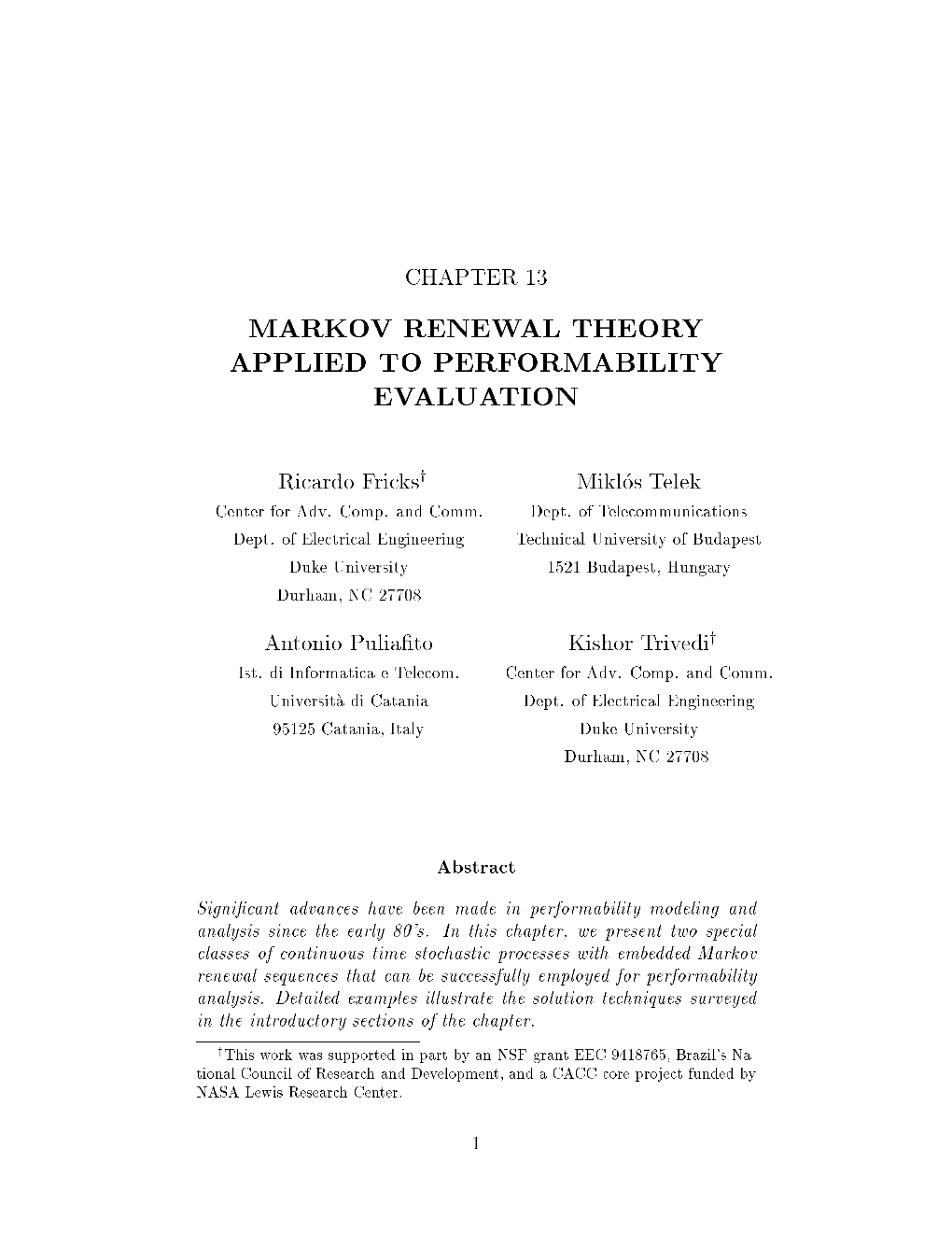 Markov Renewal Theory Applied to Performability