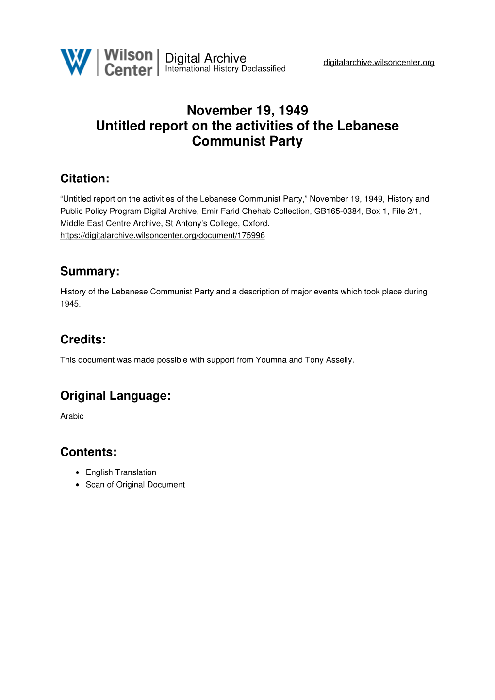 November 19, 1949 Untitled Report on the Activities of the Lebanese Communist Party