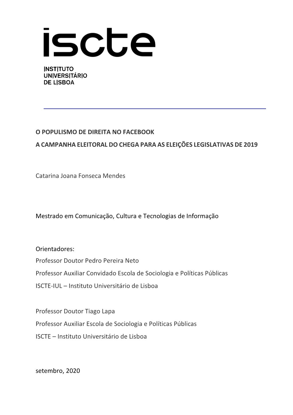 O Populismo De Direita No Facebook a Campanha Eleitoral Do Chega Para As Eleições Legislativas De 2019