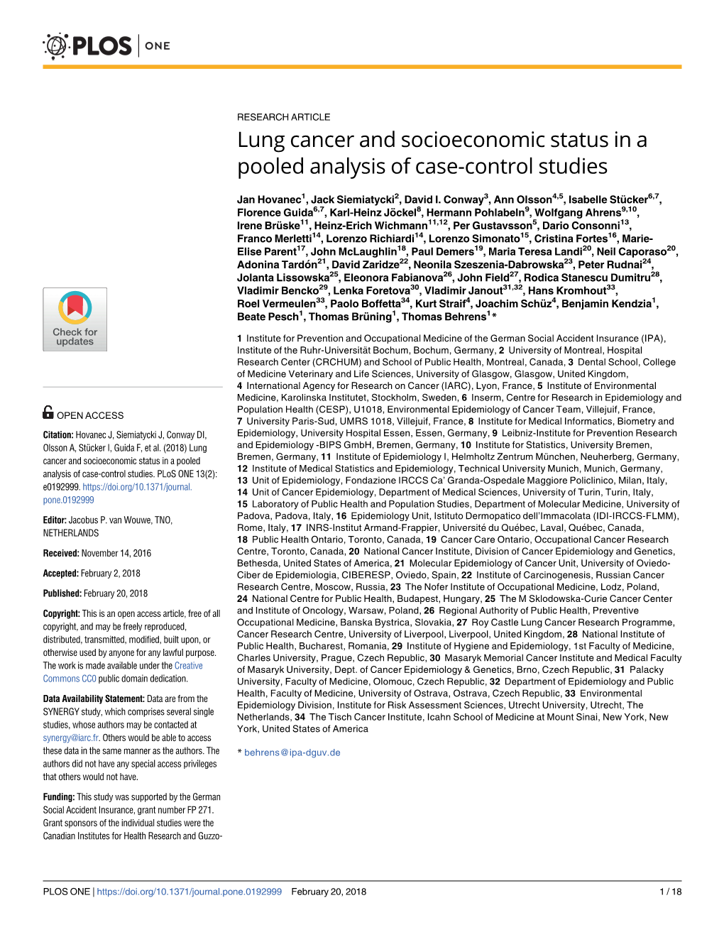 Lung Cancer and Socioeconomic Status in a Pooled Analysis of Case-Control Studies