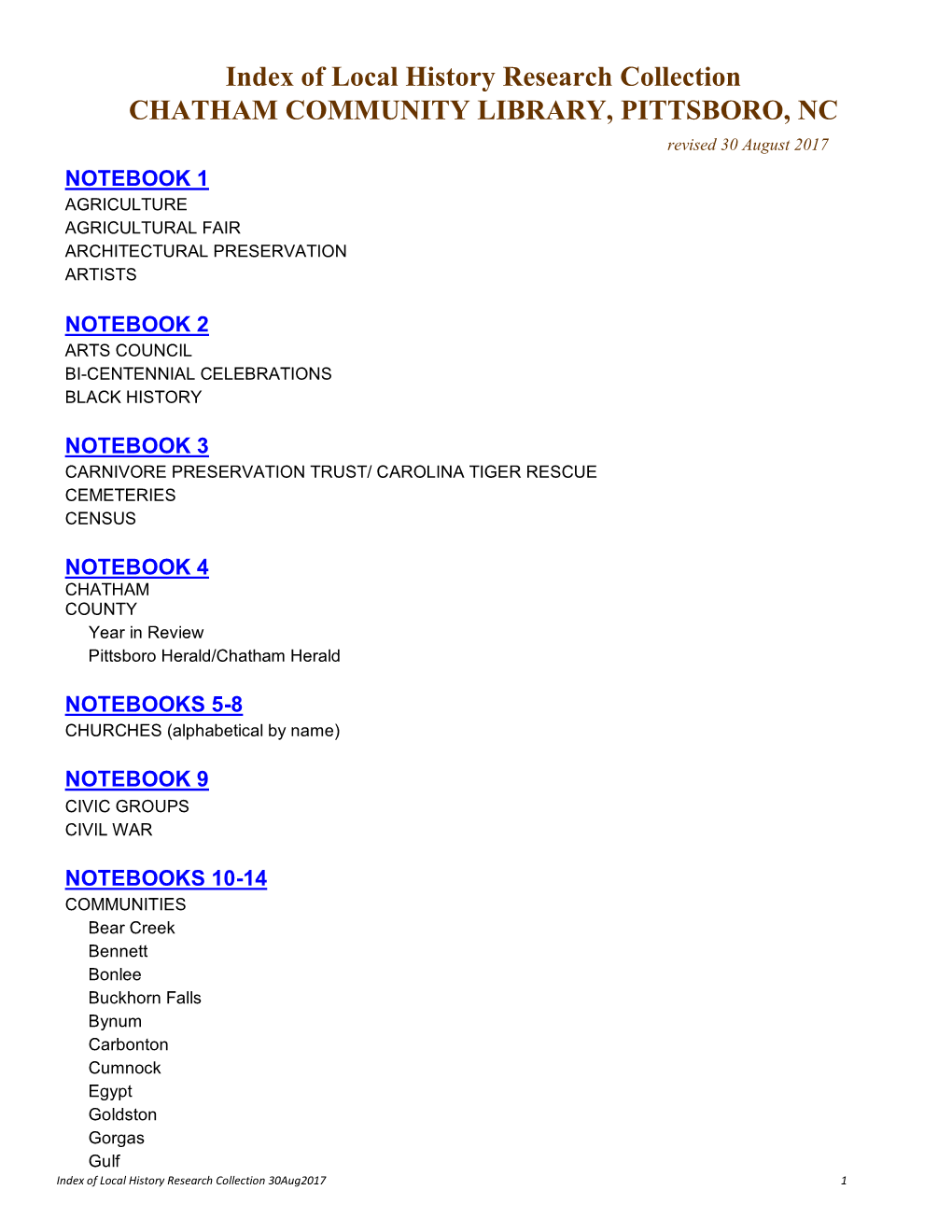 Index of Local History Research Collection CHATHAM COMMUNITY LIBRARY, PITTSBORO, NC Revised 30 August 2017