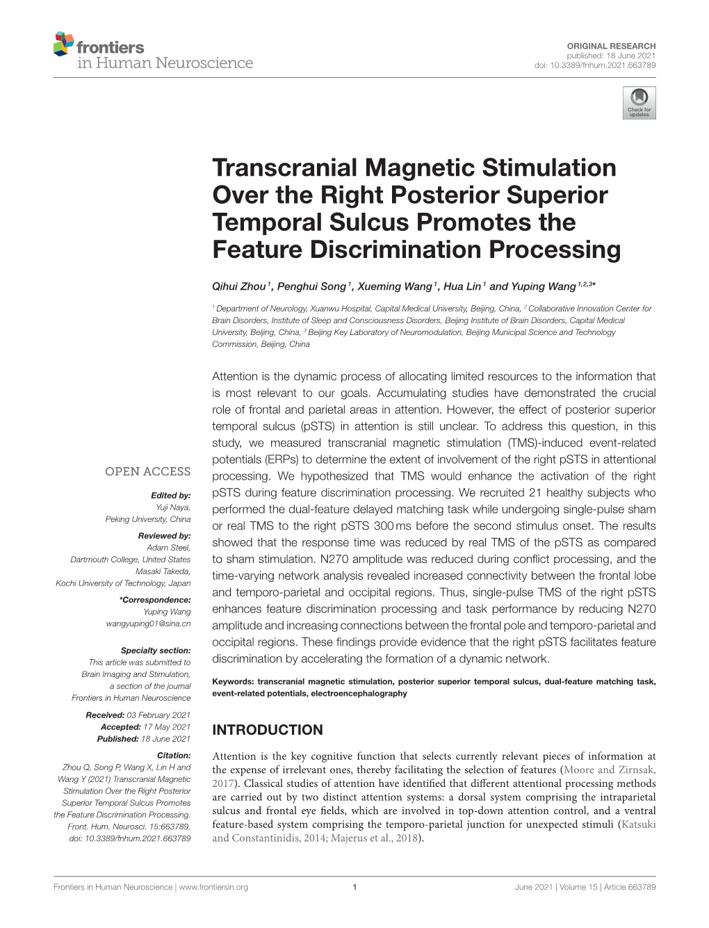 Transcranial Magnetic Stimulation Over the Right Posterior Superior Temporal Sulcus Promotes the Feature Discrimination Processing