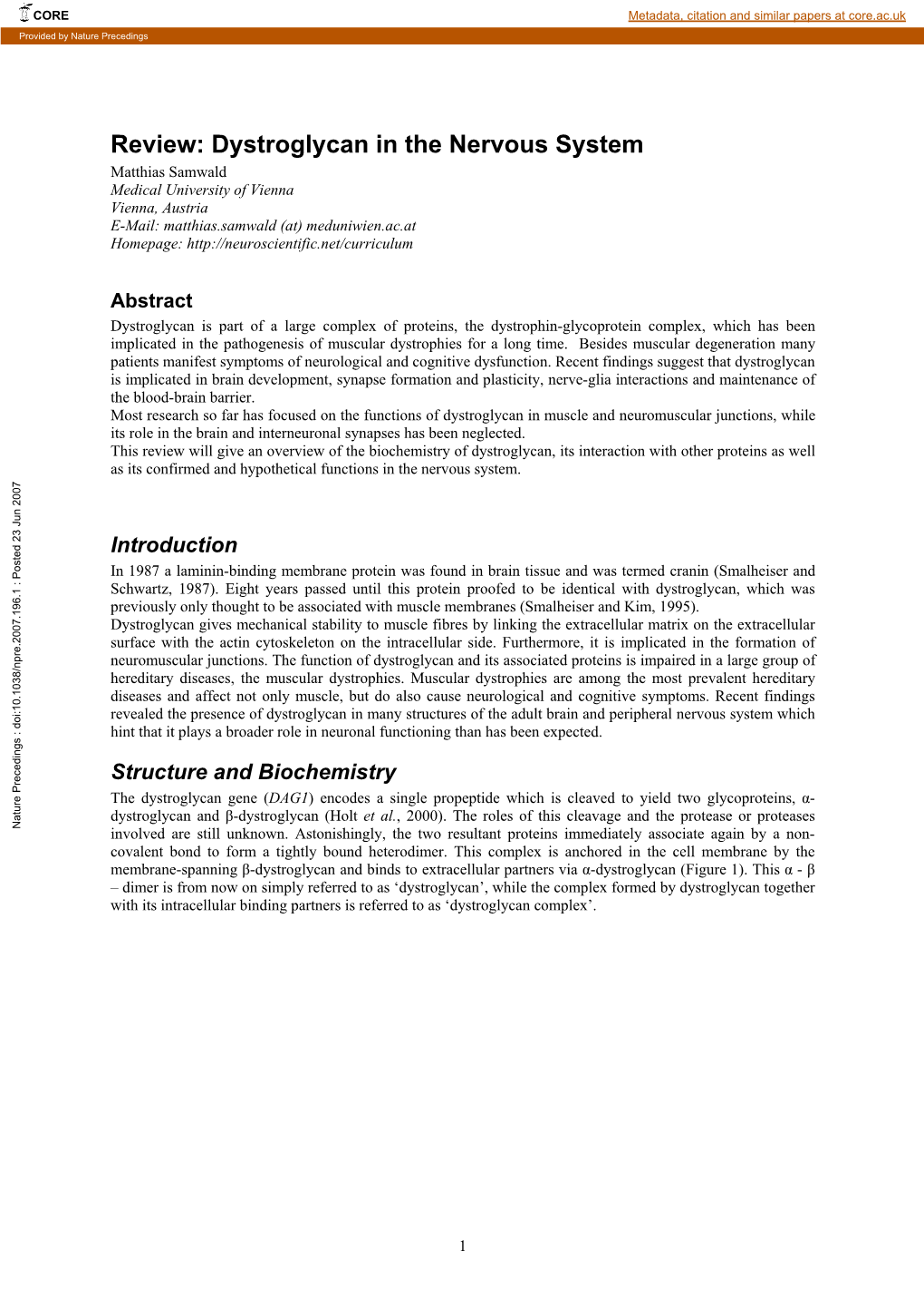 Dystroglycan in the Nervous System