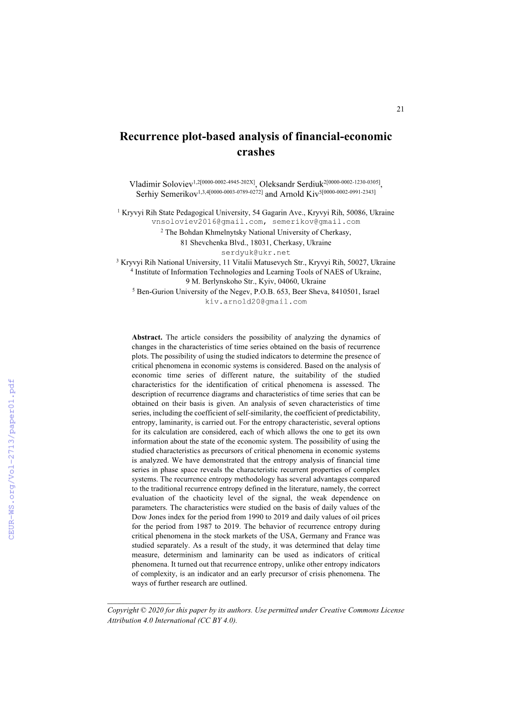 Recurrence Plot-Based Analysis of Financial-Economic Crashes