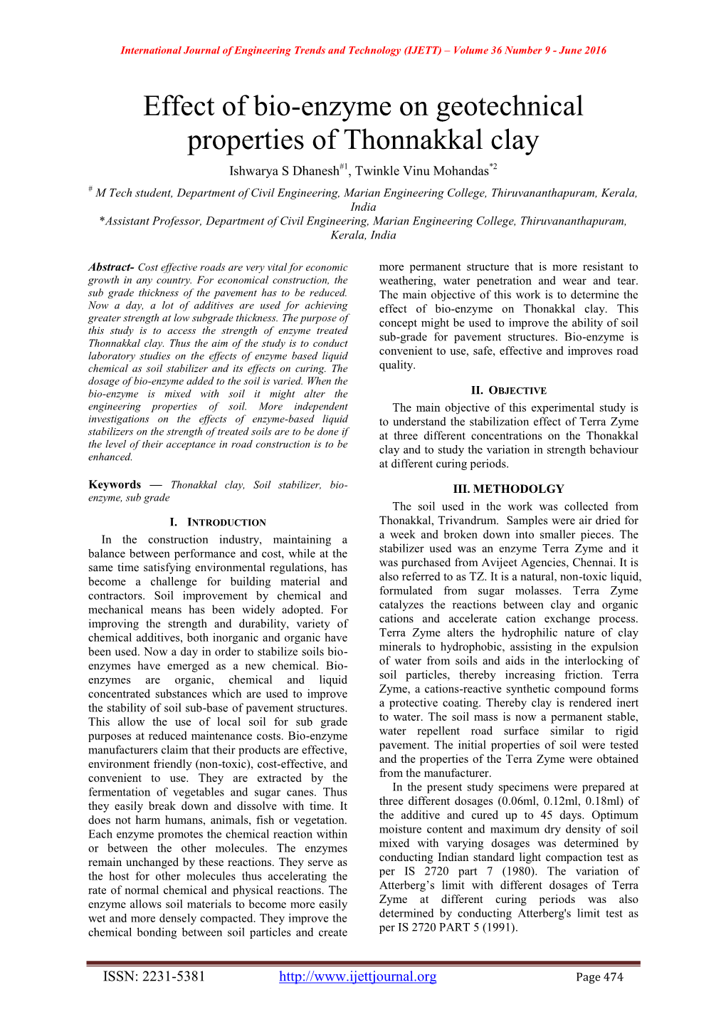 Effect of Bio-Enzyme on Geotechnical Properties of Thonnakkal Clay