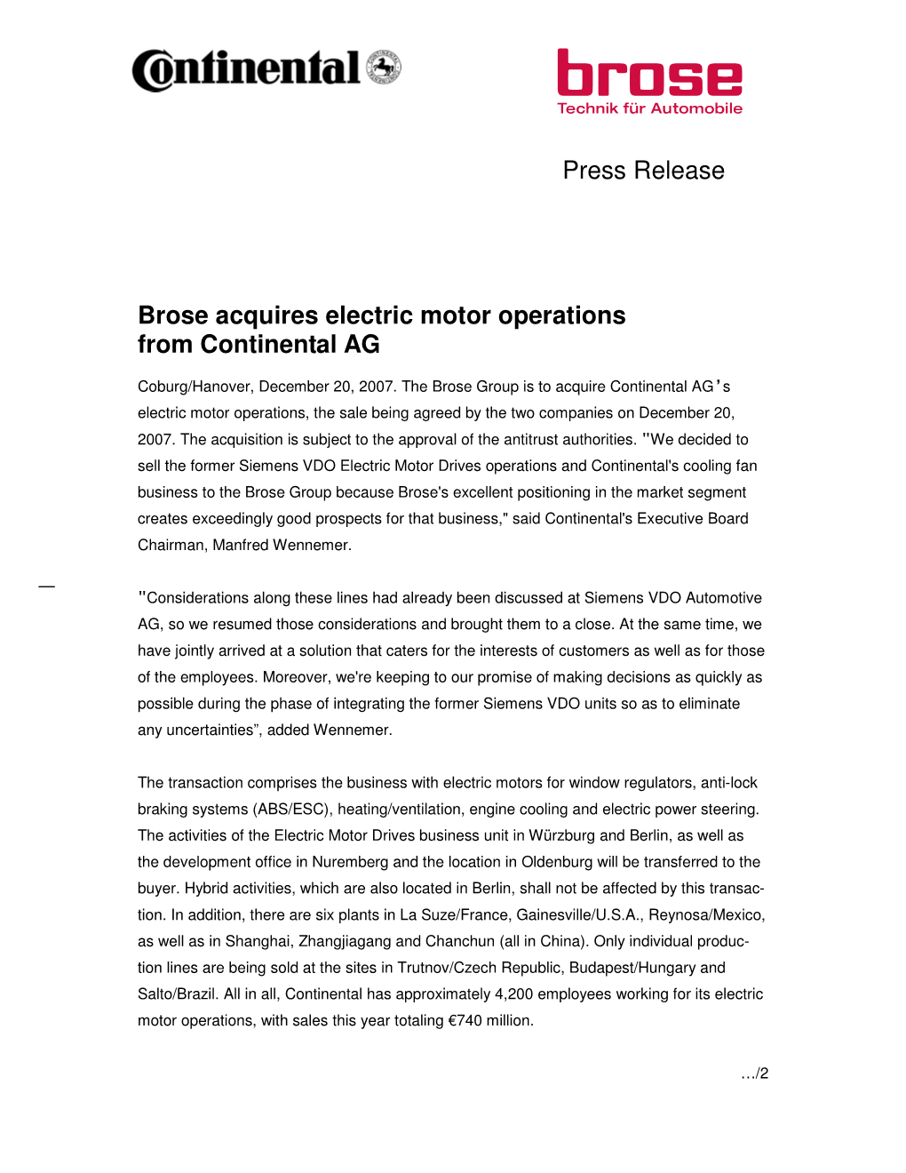 Brose Acquires Electric Motor Operations from Continental AG