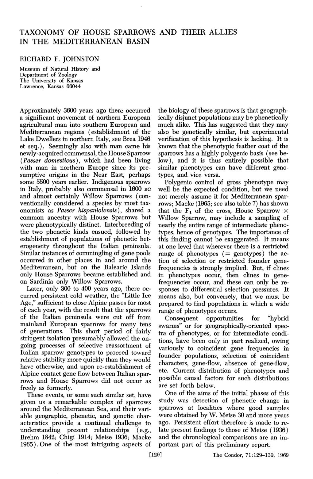 Taxonomy of House Sparrows and Their Allies in the Mediterranean Basin